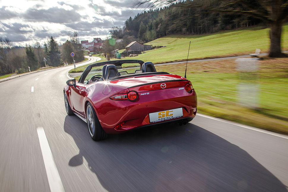 The sporty handling in the MX-5 is enhanced by the installation of the two ST coilovers.